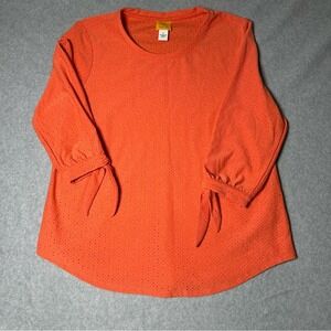 Ruby Rd Orange Eyelet Textured Knit 3/4 Tie Sleeve Top Womens Large